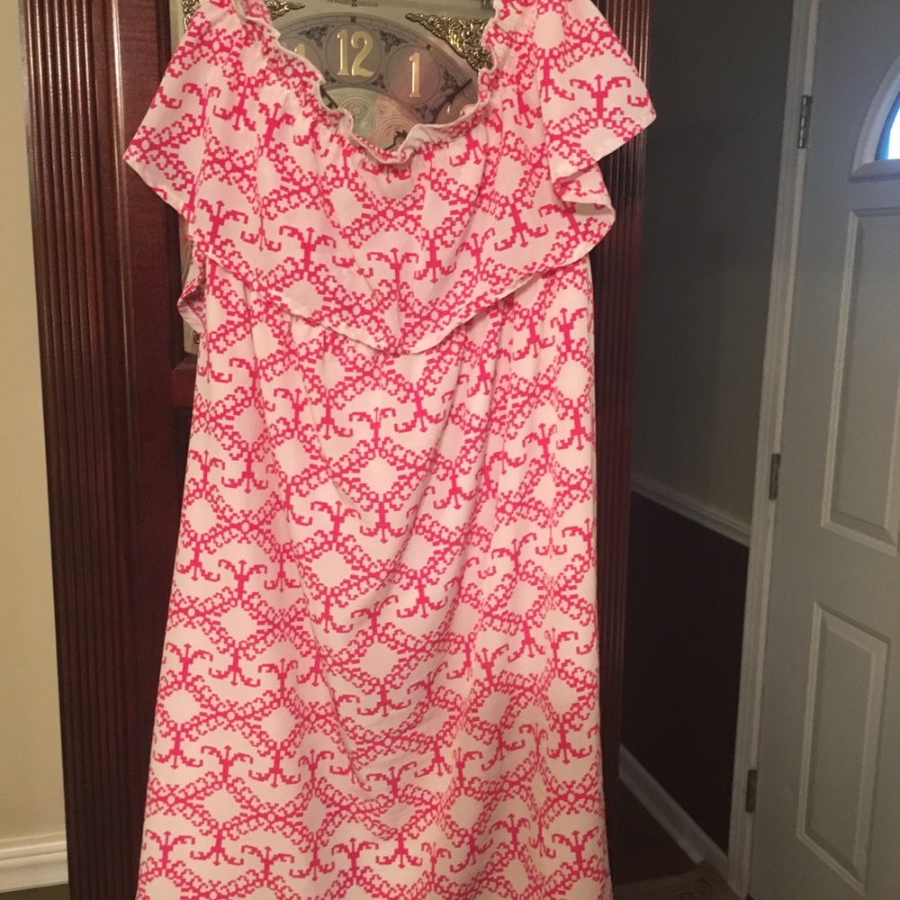 Strapless dress with top ruffle pink white S-M